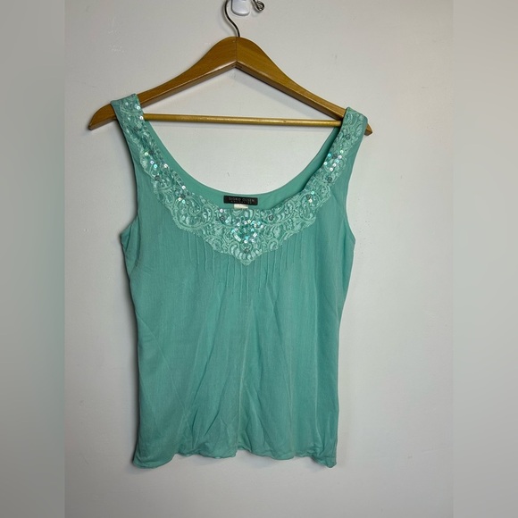 Vintage y2K Sigrid Olsen 100% Silk Teal Top Blouse Size M Beaded Neck Stretch - Picture 1 of 10